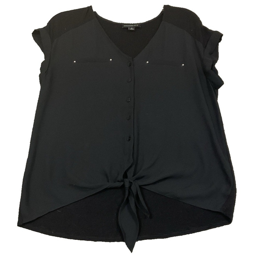 Fortune & Ivy Black Silver Beaded Button Front Pockets Office Blouse Sz‎ S